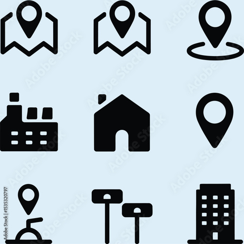 A collection of black icons representing various location and building symbols, including map markers, a house, and a factory.
