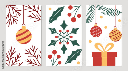 Festive christmas card templates with hand drawn decorations and transparent elements for design