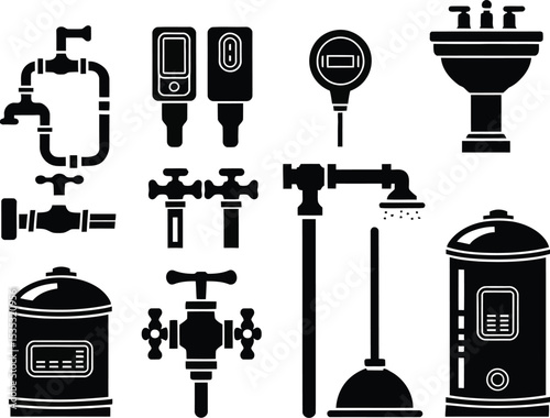 A collection of black silhouette icons depicting various plumbing fixtures and tools, including faucets, pipes, and a toilet.