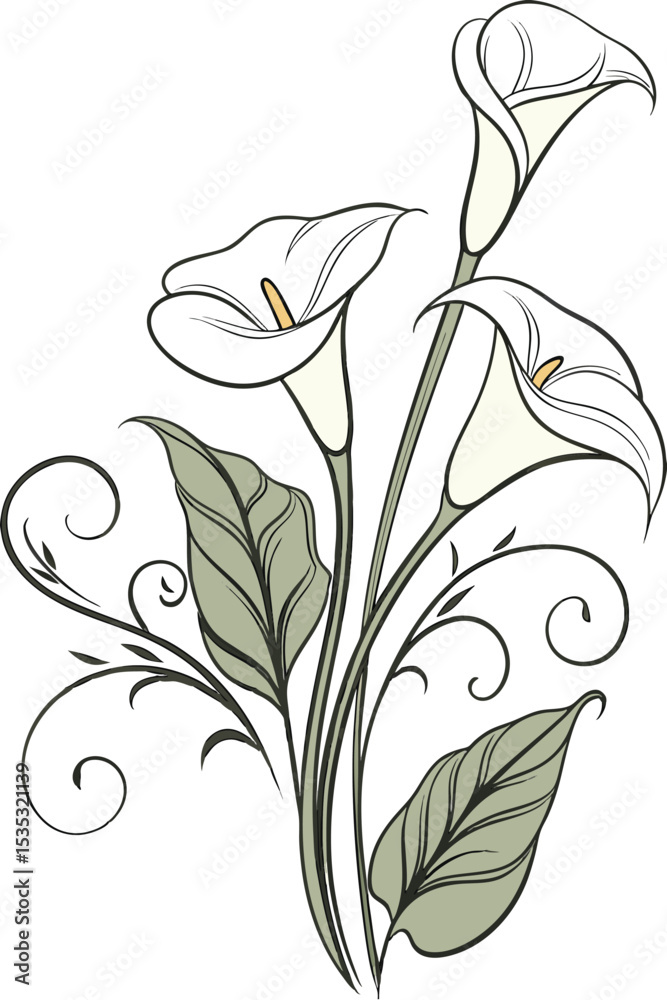 close-up the flowers of the Calla Lily flower arranged beautifully and decorated with vines
