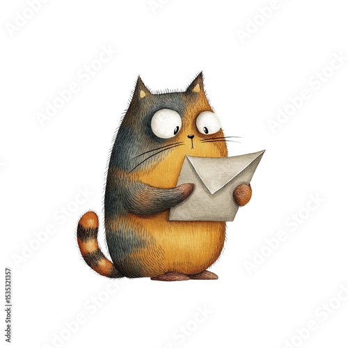 Cartoon cat holding envelope looks anxious and concerned as it reads letter, creating humorous and heartwarming image conveying surprise