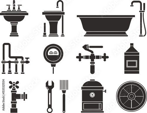 A collection of black silhouette icons showcasing various bathroom and plumbing fixtures, including sinks, bathtubs, valves, and tools.