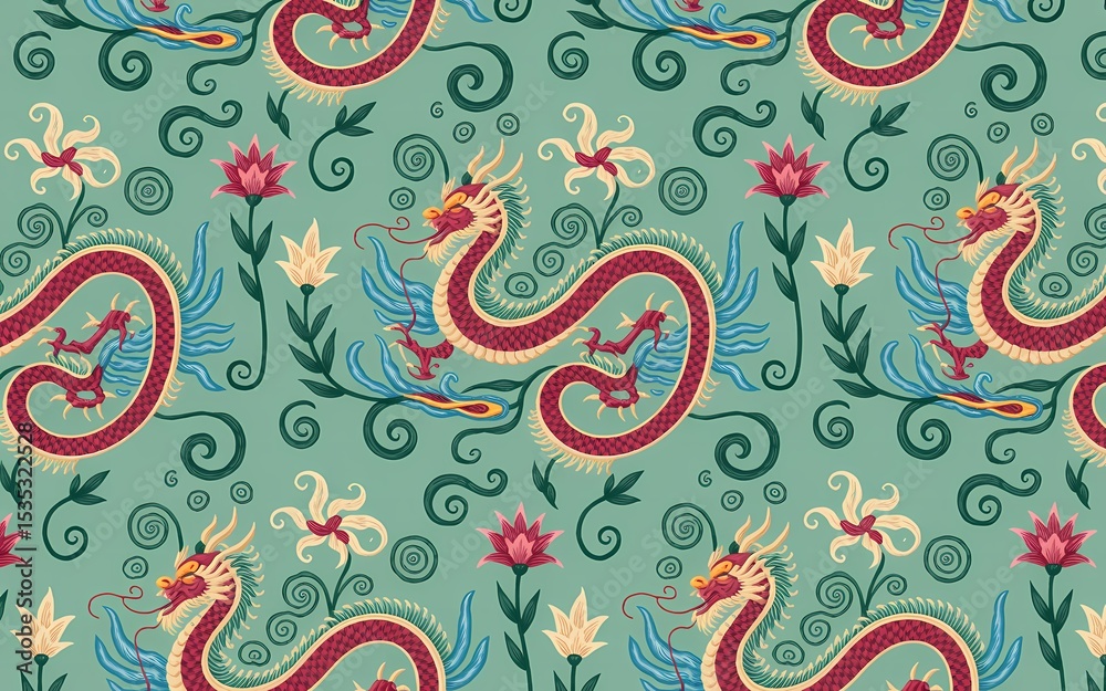Fototapeta premium Chinese Minority Folk Art (Miao Embroidery Inspired), Elegant Teal Dragon and Floral Seamless Pattern