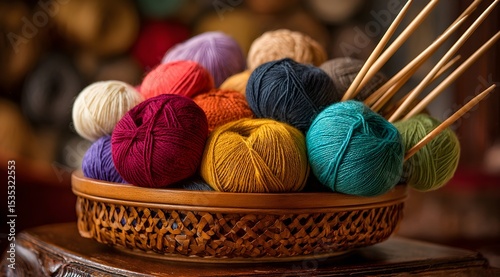 A colorful collection of yarn balls and knitting needles in a woven basket ready for creative crafting at home