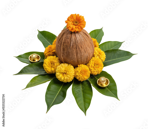 Traditional Indian Coconut and Marigold Decorative Arrangement