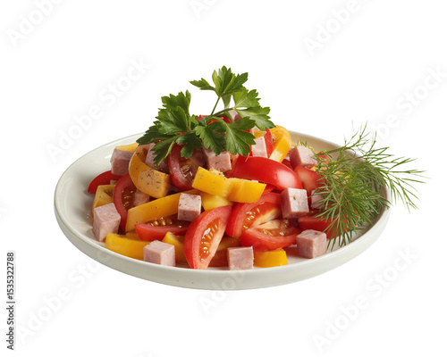 Colorful Layered Salad with Fresh Herbs on White Plate