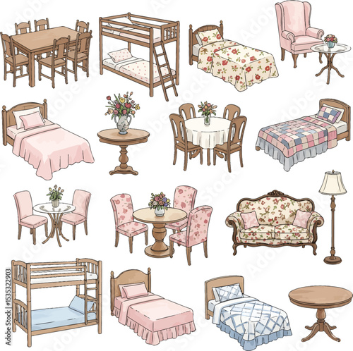 Watercolor Furniture Collection Featuring Beds, Sofas, Armchairs, and Cabinets in Grid Layout