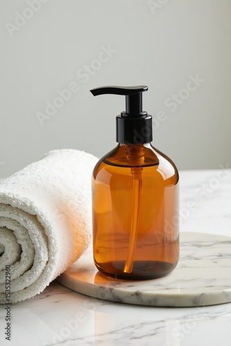 Amber Soap Bottle with Rolled Towels on Marble