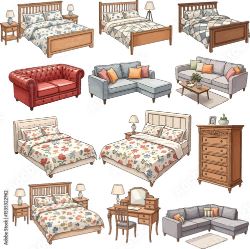 Watercolor Furniture Collection Featuring Beds, Sofas, Armchairs, and Cabinets in Grid Layout