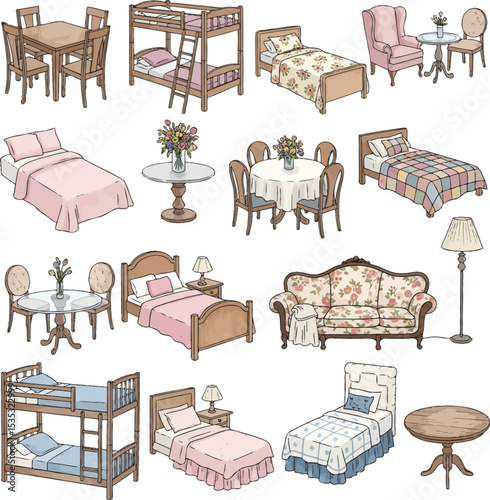 Watercolor Furniture Collection Featuring Beds, Sofas, Armchairs, and Cabinets in Grid Layout