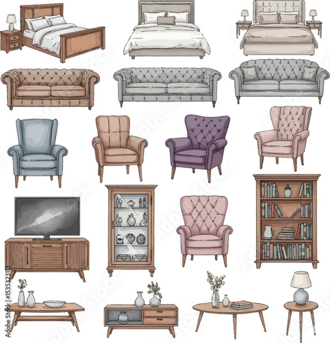 Watercolor Furniture Collection Featuring Beds, Sofas, Armchairs, and Cabinets in Grid Layout
