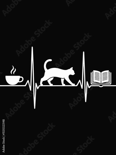 A stylized heartbeat line connects a steaming coffee cup, a cat, and an open book