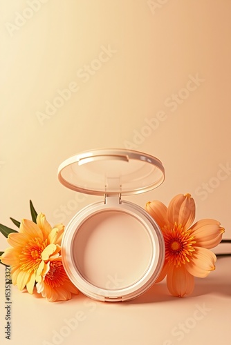Beige Cosmetic Powder Case Mockup with Orange Flowers