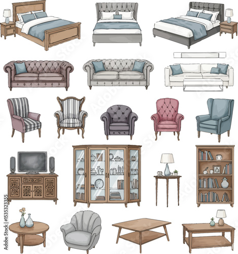 Watercolor Furniture Collection Featuring Beds, Sofas, Armchairs, and Cabinets in Grid Layout