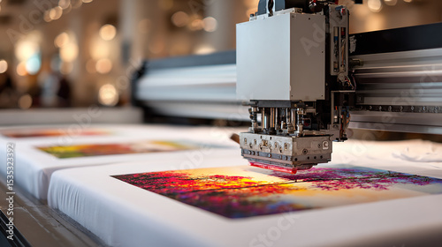 High quality digital printer producing vibrant colorful artwork on fabric with white t shirt hanging in background in modern studio