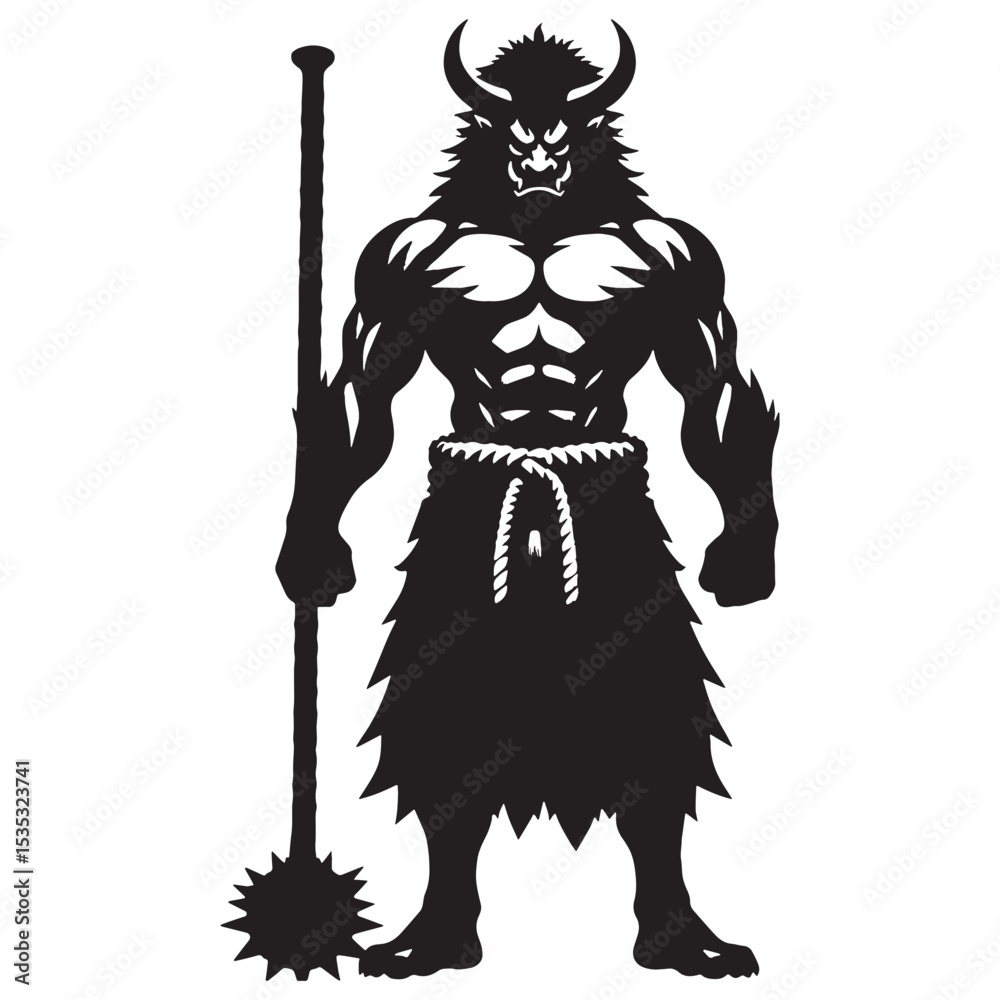 Fototapeta premium Menacing Oni Primal Destroyer Form Silhouette with Stern Gaze and Powerful Stance - oni silhouette - oni vector - silhouette of oni - mythical creature vector 