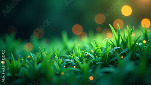 bright energetic scene swaying green lines soft focus colorful bokeh rings deep dark backdrop radiating vibrant