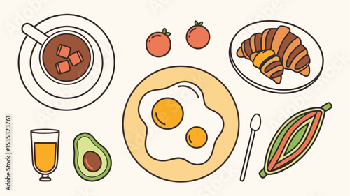 Hand drawn breakfast illustration featuring coffee egg croissant and fruit arrangements