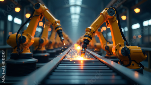 detail rows robotic arms motion welding assembly line amidst bright industrial lighting dark background