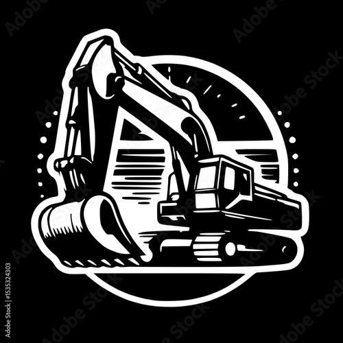 An excavator enclosed within a circular frame, emphasizing its primary function