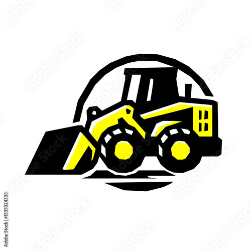 A wheel loader, shown in a position of activity, such as scooping