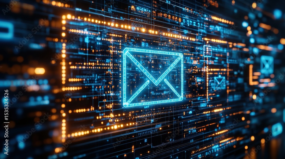Fototapeta premium Digital Email Transmission, Network, Data Flow, Cyber Security