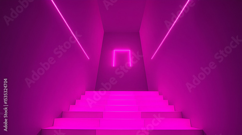 A glowing pink staircase disappearing into a void of infinite neon