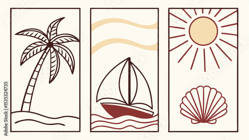 Hand drawn coastal illustrations of palm tree sailboat sun and seashell with transparent background