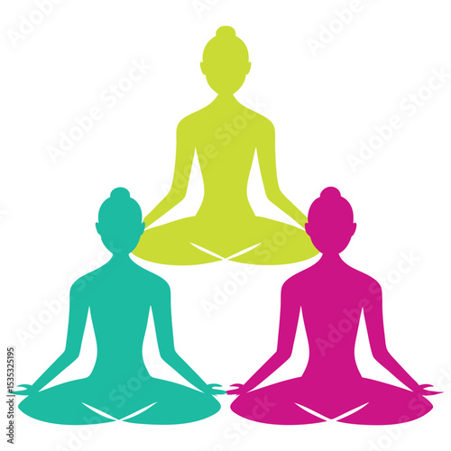 Three Women Meditating in Lotus Pose Green Teal Magenta Silhouettes yoga meditation