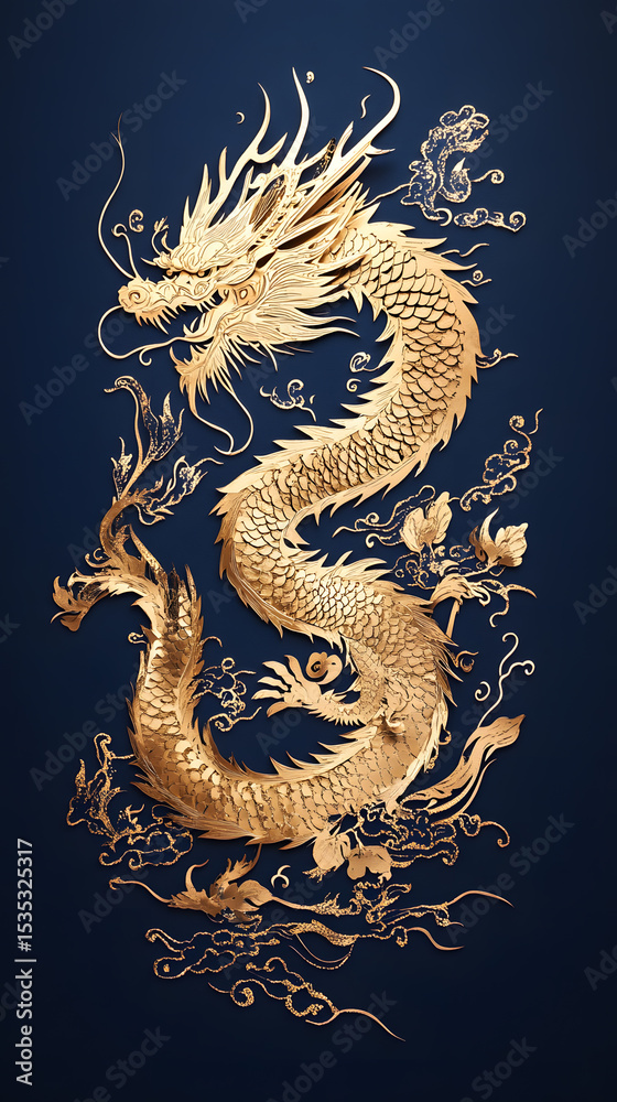 Fototapeta premium Golden Dragon with Intricate Design on a Dark Blue Background