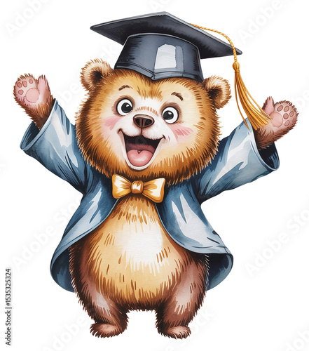 Joyful Cartoon Bear Celebrating Graduation in Watercolor