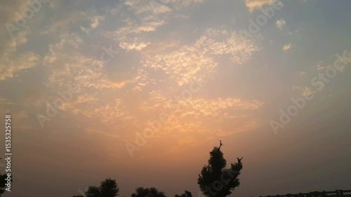 Stunning 4K video of orange clouds at sunset with flying bird, canal water, trees, and bridge reflection, showing peaceful nature and scenic rural beauty in Pakistan