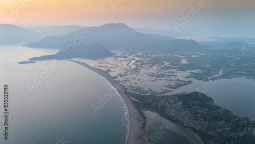 Fototapeta Naklejka Na Ścianę i Meble -  Aerial drone view of Dalyan delta and Iztuzu beach. Turkey. 