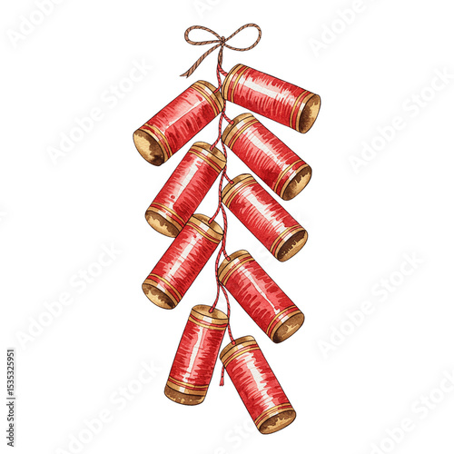 Vibrant Watercolor Illustration of Traditional Chinese Firecrackers