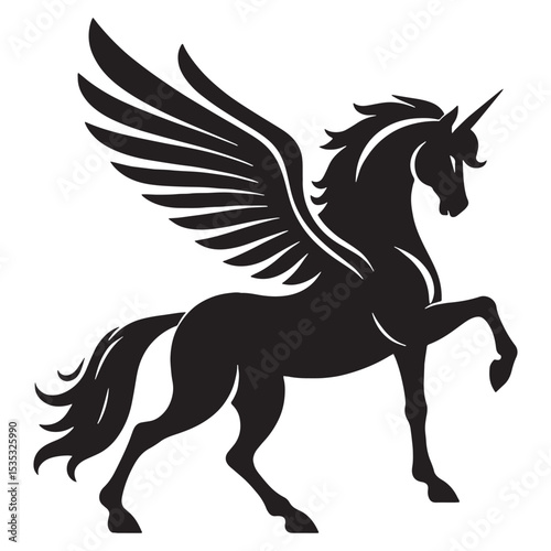 Graceful White Pegasus Beast of Lofty Peaks Shape Illustration with Flowing Lines and Starkness - pegasus silhouette - pegasus vector - silhouette of pegasus - mythical creature vector
