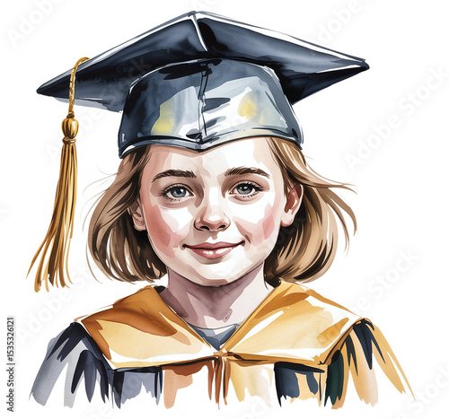 Joyful Young Girl Celebrating Graduation in Watercolor