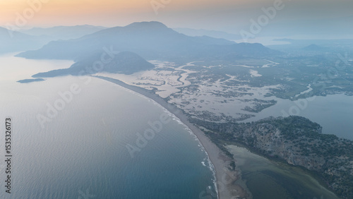 Fototapeta Naklejka Na Ścianę i Meble -  Aerial drone view of Dalyan delta and Iztuzu beach. Turkey. 