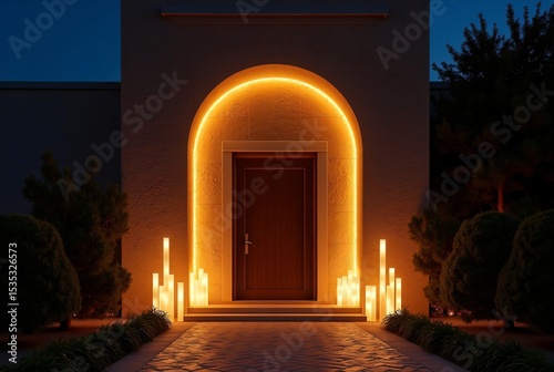 Grand Illuminated Doorway at Night with Floating Lights