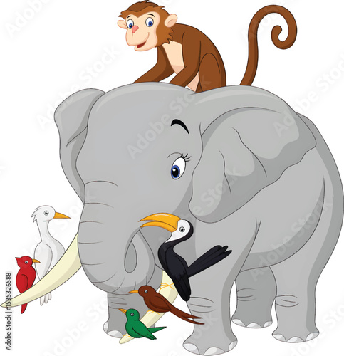 Joyful Elephant, Playful Monkey, and Cheerful Birds Together in a Bright, Lively Jungle Cartoon Celebration.
