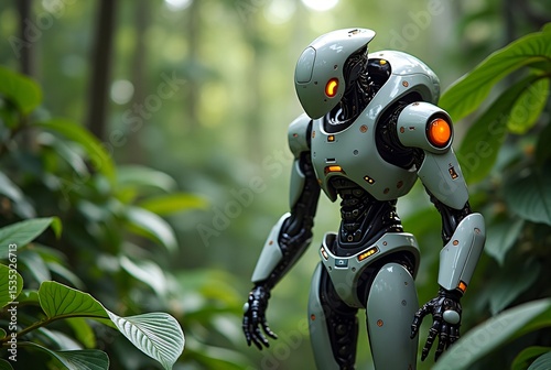 Gray And Orange Futuristic Robot In Lush Green Jungle
