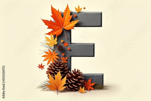 Gray Letter E Decorated with Autumn Leaves and Pine Cones on Cream Background
