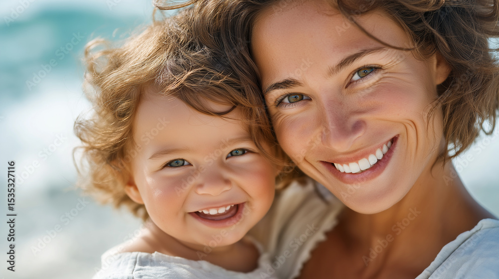 Fototapeta premium Happy mother and daughter enjoying a day at the beach