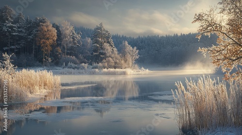 Serene Winter Sunrise Over a Frozen River