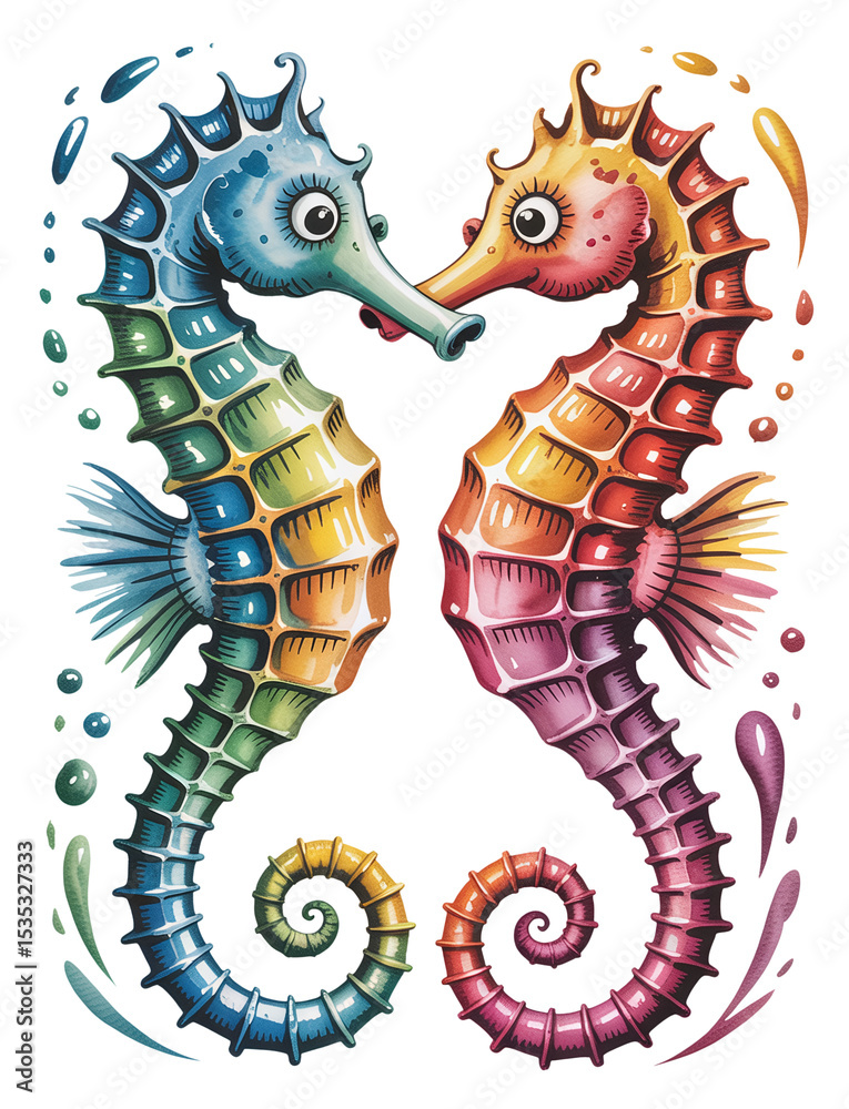 Fototapeta premium Whimsical Watercolor Seahorses in Vibrant Colors