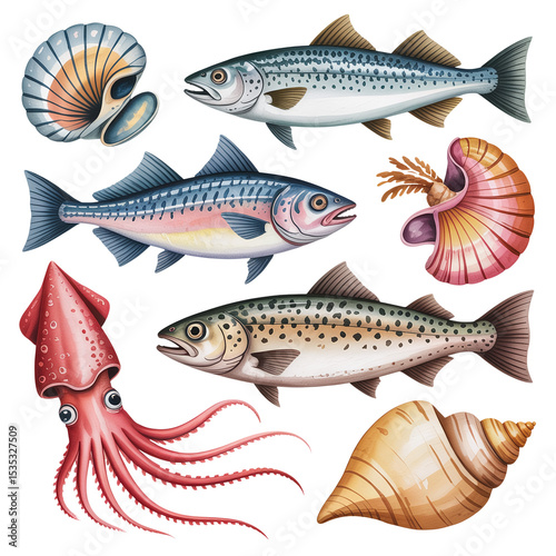 Whimsical Watercolor Sea Creatures and Shells Illustration