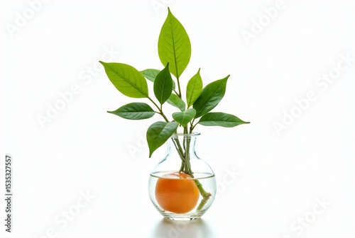 Green Leaves and Orange Growing in Glass Vase on White Background