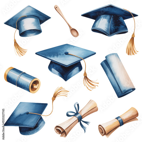 Watercolor Graduation Items in Blue and Gold Arrangement
