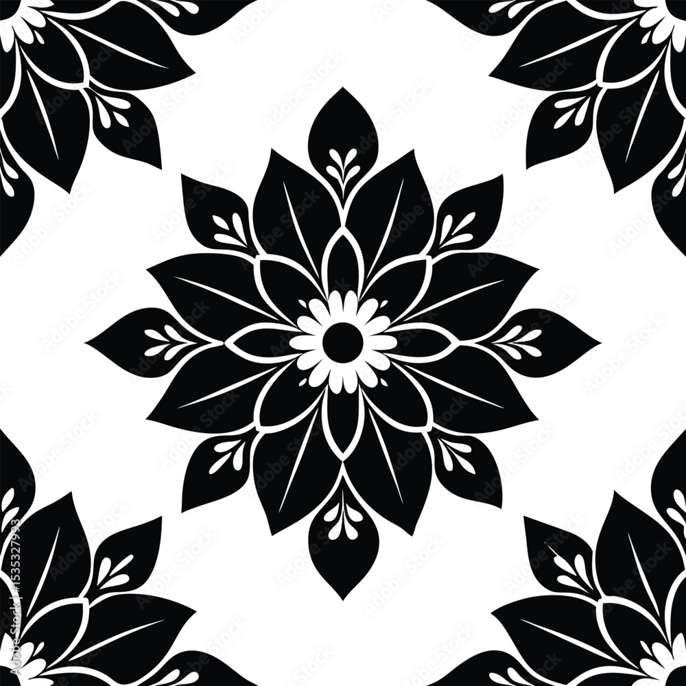 Fototapeta premium Elegant Black and White Floral Mandala Pattern Seamless Design for Textile and Wallpaper