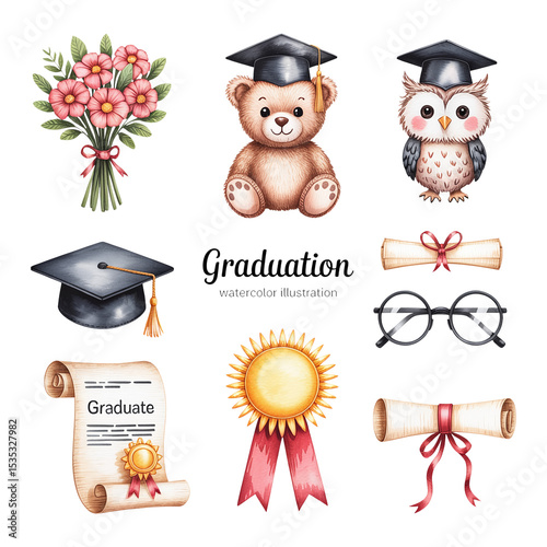 Whimsical Watercolor Graduation Elements in a Grid