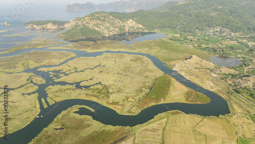 Fototapeta Naklejka Na Ścianę i Meble -  Aerial drone view of Dalyan delta and Iztuzu beach. Turkey. 
